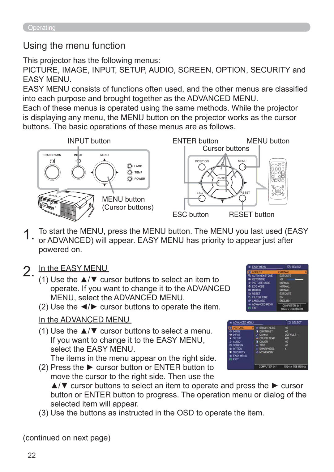 Hitachi ED-X42 user manual Using the menu function, Advanced Menu 