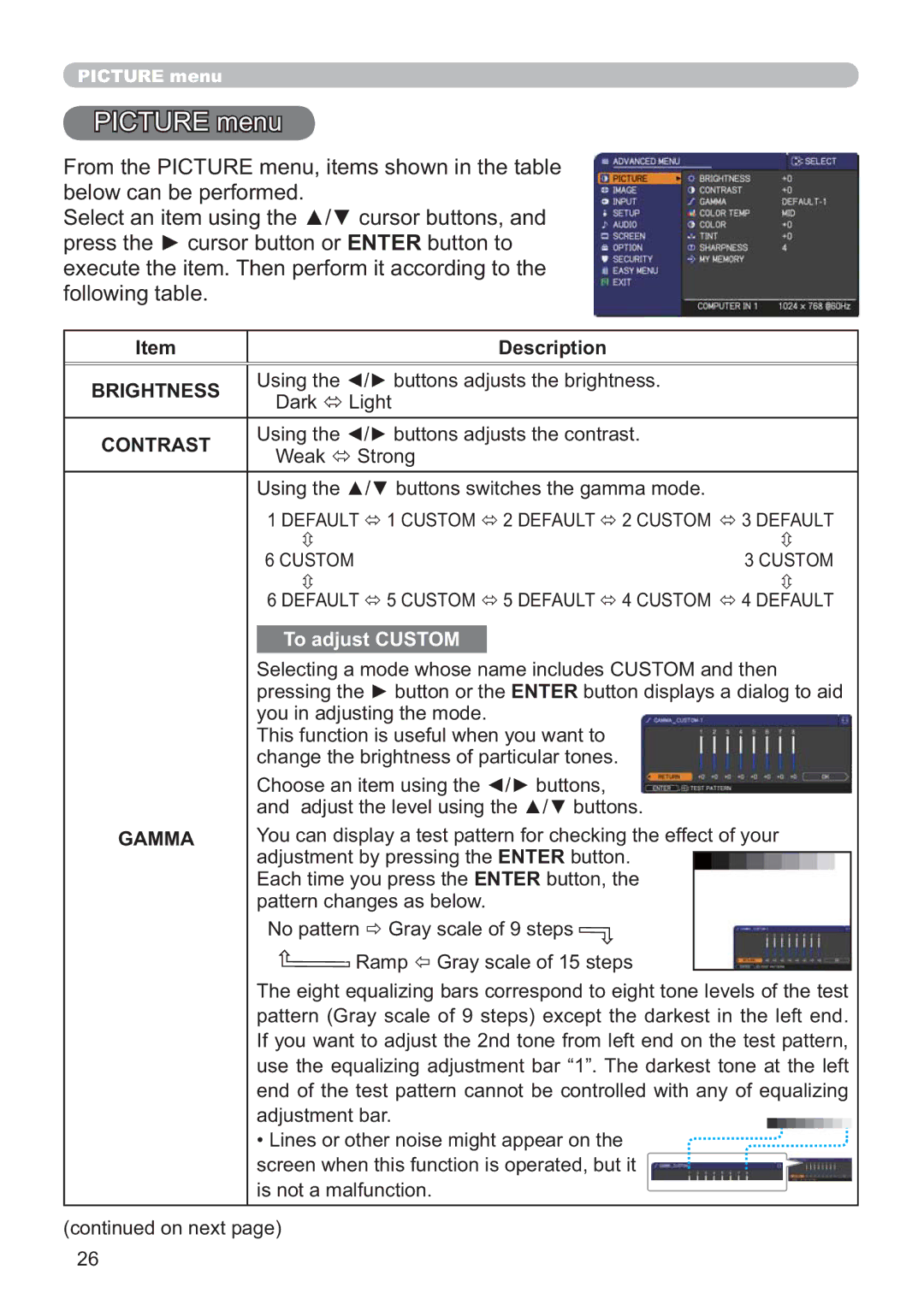 Hitachi ED-X42 user manual 785PHQX, IroorzlqjWdeoh, Brightness, Contrast, Gamma 