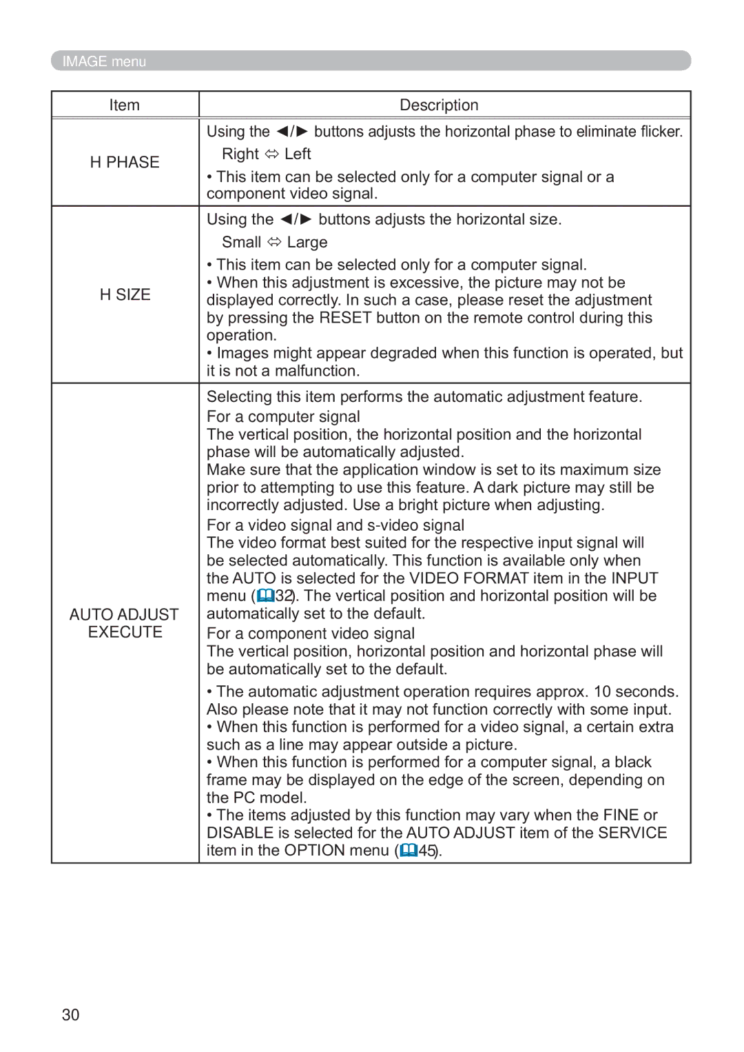 Hitachi ED-X42 user manual Phase, Size, For a video signal and s-video signal, Auto Adjust, For a component video signal 