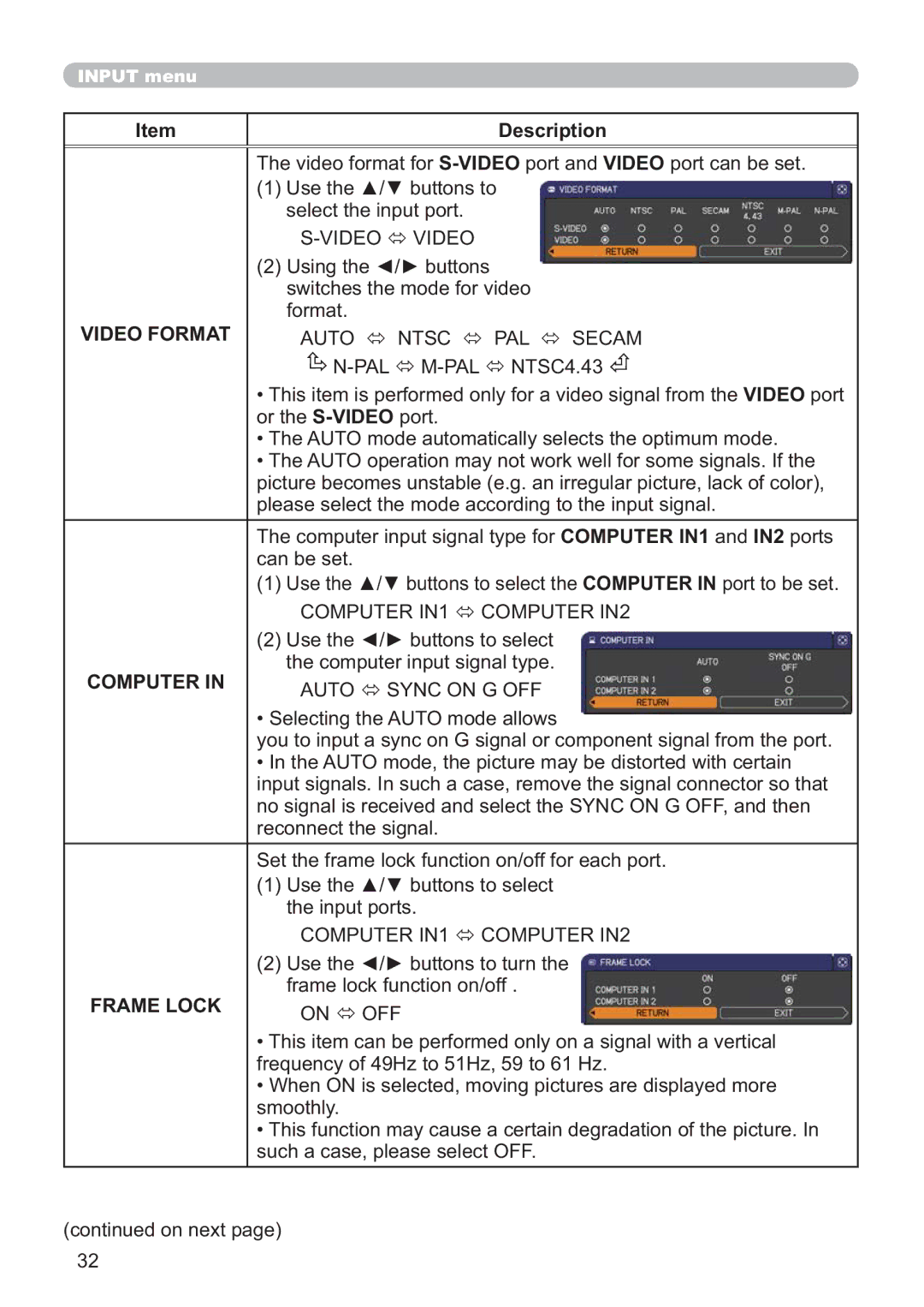 Hitachi ED-X42 user manual Video Format, Computer, Frame Lock 