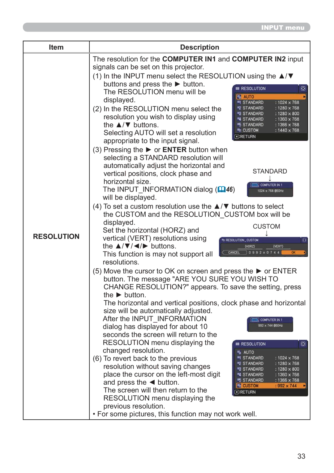 Hitachi ED-X42 user manual Resolution 