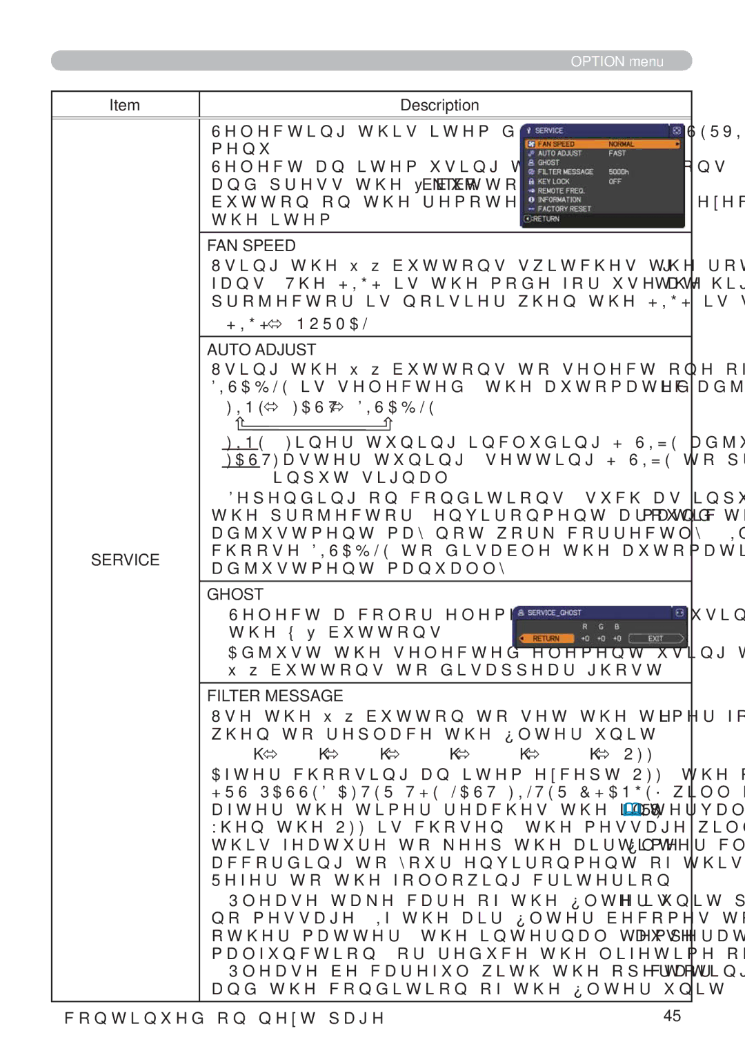 Hitachi ED-X42 user manual FAN Speed, Service, Ghost, Filter Message 