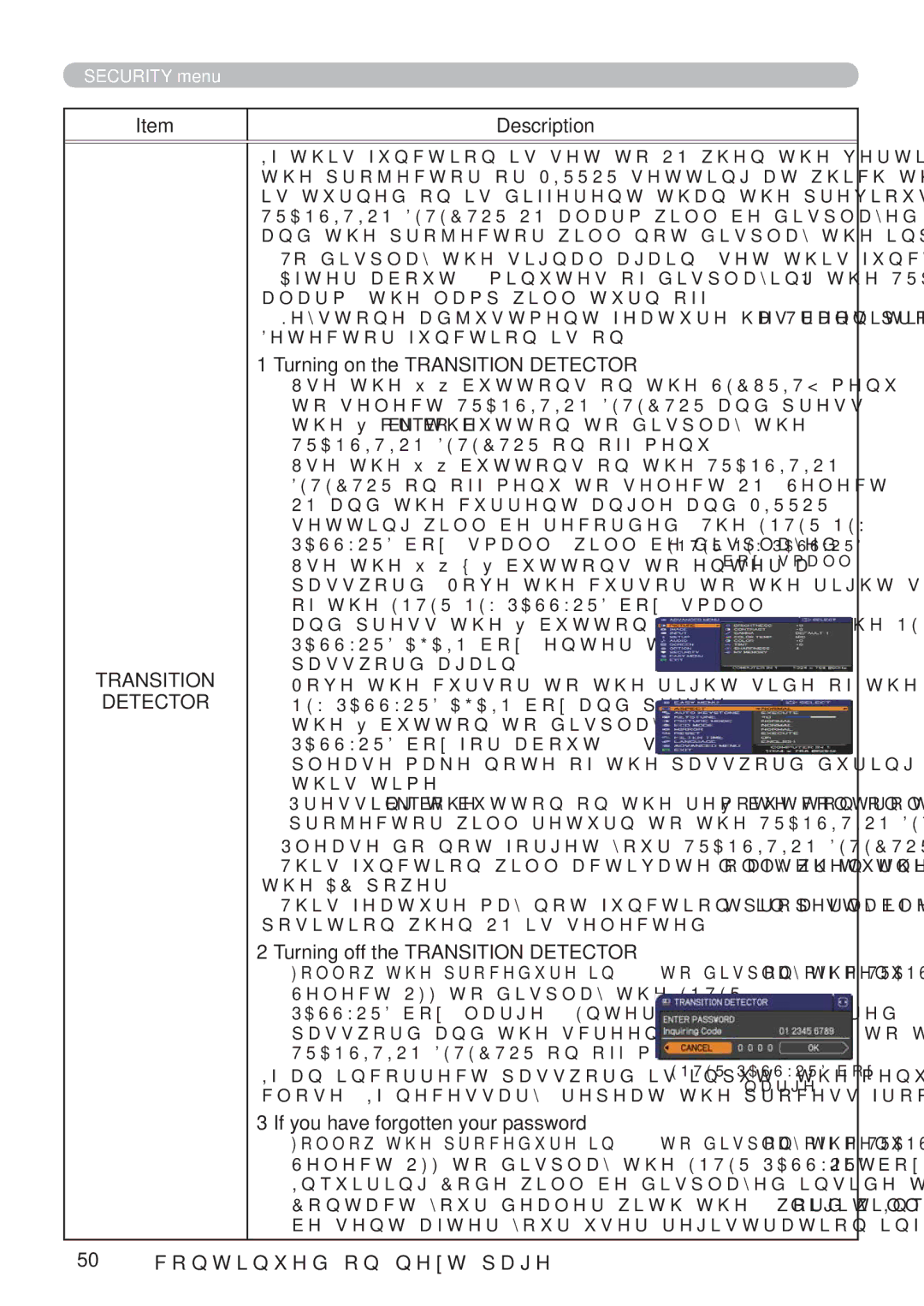 Hitachi ED-X42 Turning on the Transition Detector, Turning off the Transition Detector, FrqwlqxhgRqQhwSdjh 