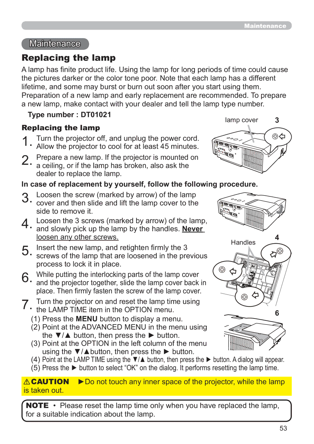 Hitachi ED-X42 user manual Type number DT01021 Replacing the lamp, GhdohuWrUhsodfhWkhOdps 