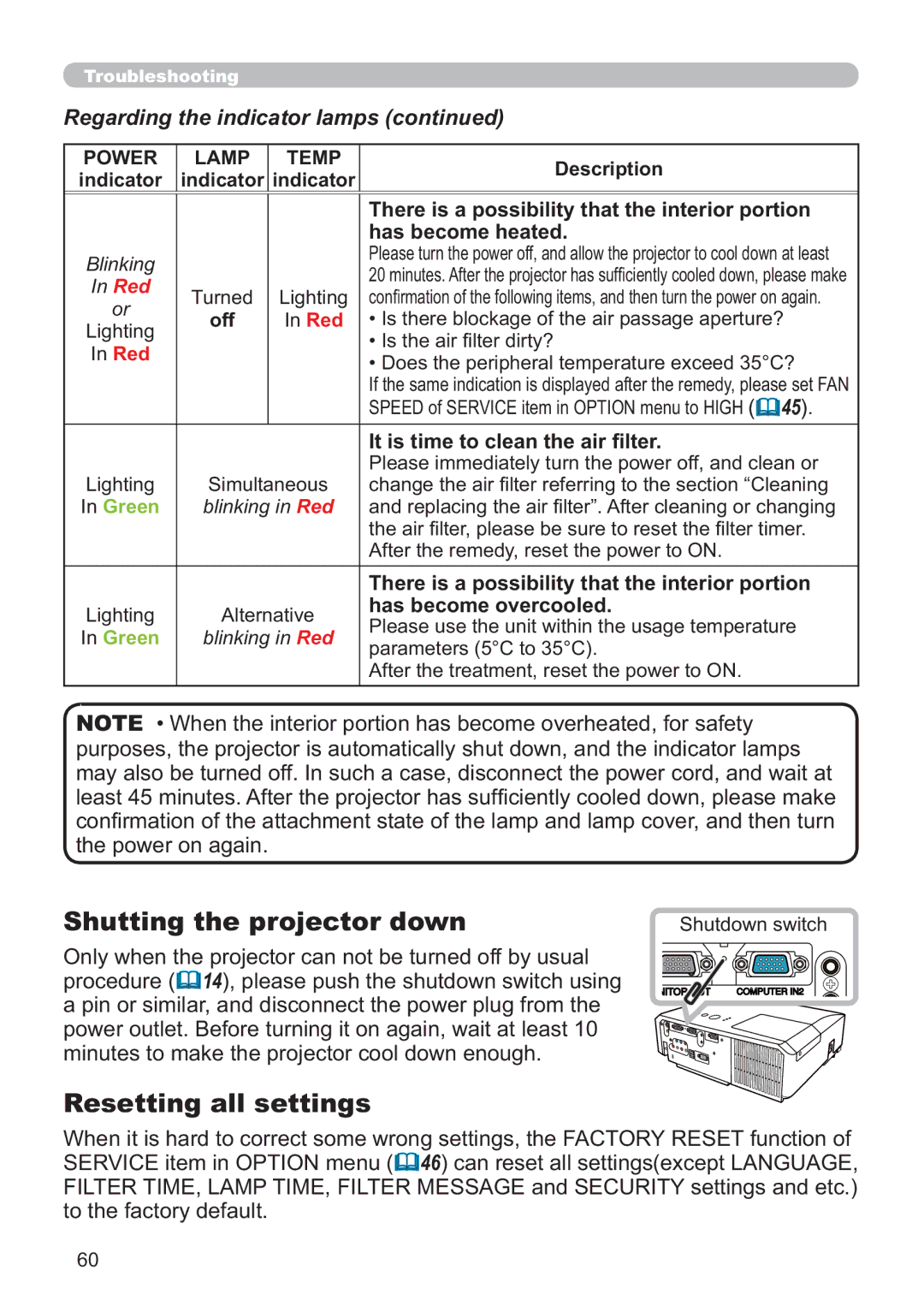 Hitachi ED-X42 Shutting the projector down, Resetting all settings, There is a possibility that the interior portion 