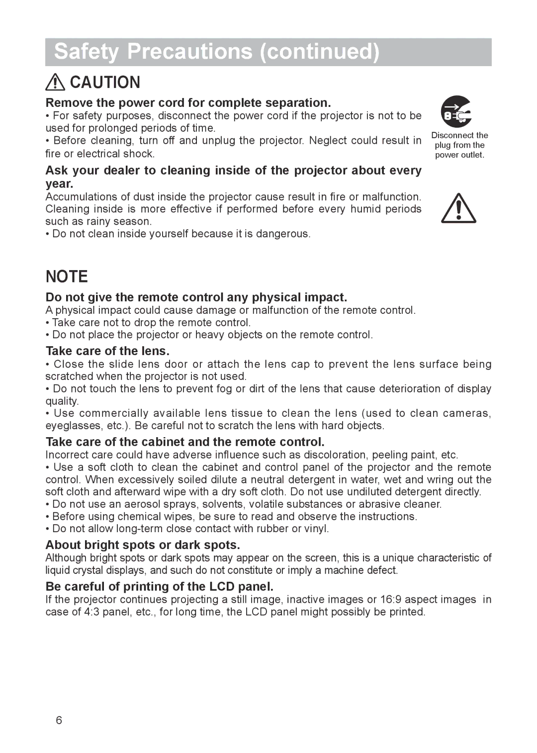 Hitachi ED-X42 user manual Remove the power cord for complete separation 