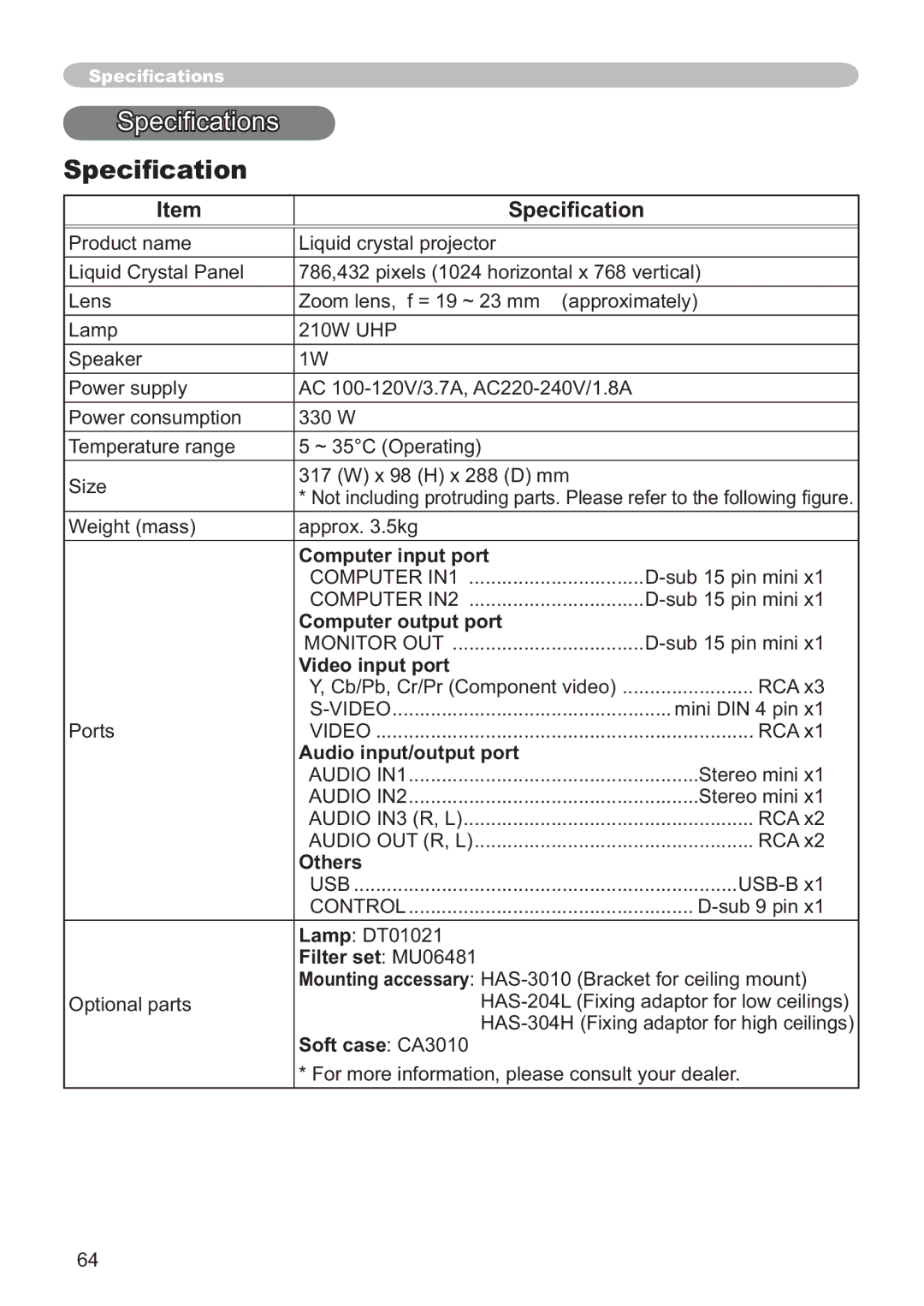 Hitachi ED-X42 user manual 6SHFL¿FDWLRQ 