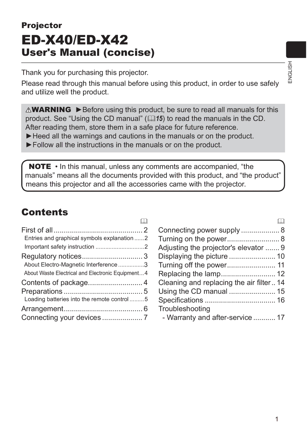 Hitachi ED-X42 user manual Contents 