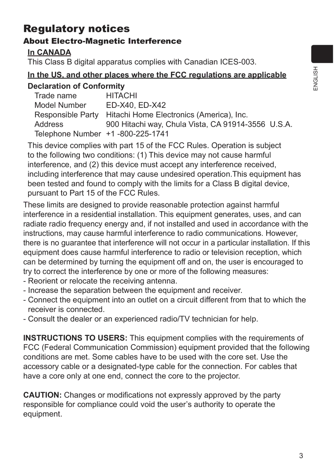 Hitachi ED-X42 user manual Regulatory notices, About Electro-Magnetic Interference Canada, Hitachi 