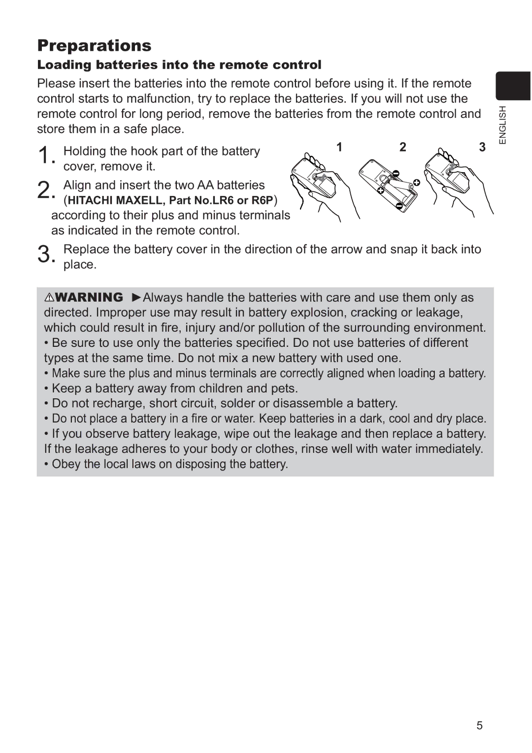 Hitachi ED-X42 user manual Preparations, Loading batteries into the remote control 