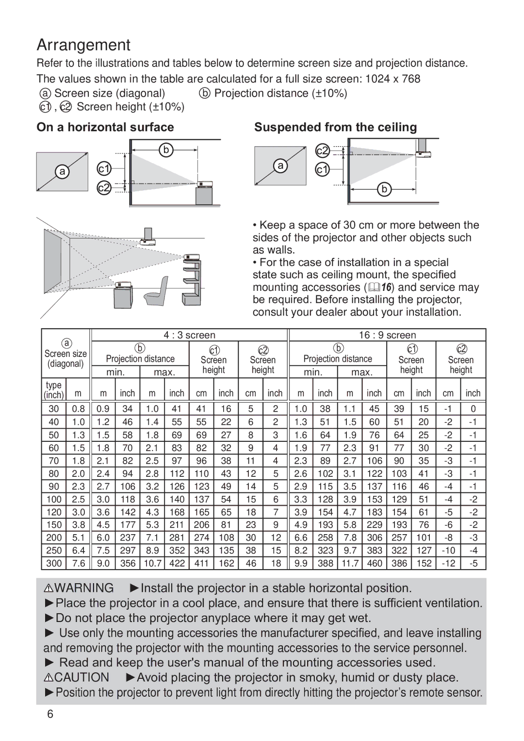 Hitachi ED-X42 user manual Arrangement, On a horizontal surface Suspended from the ceiling 