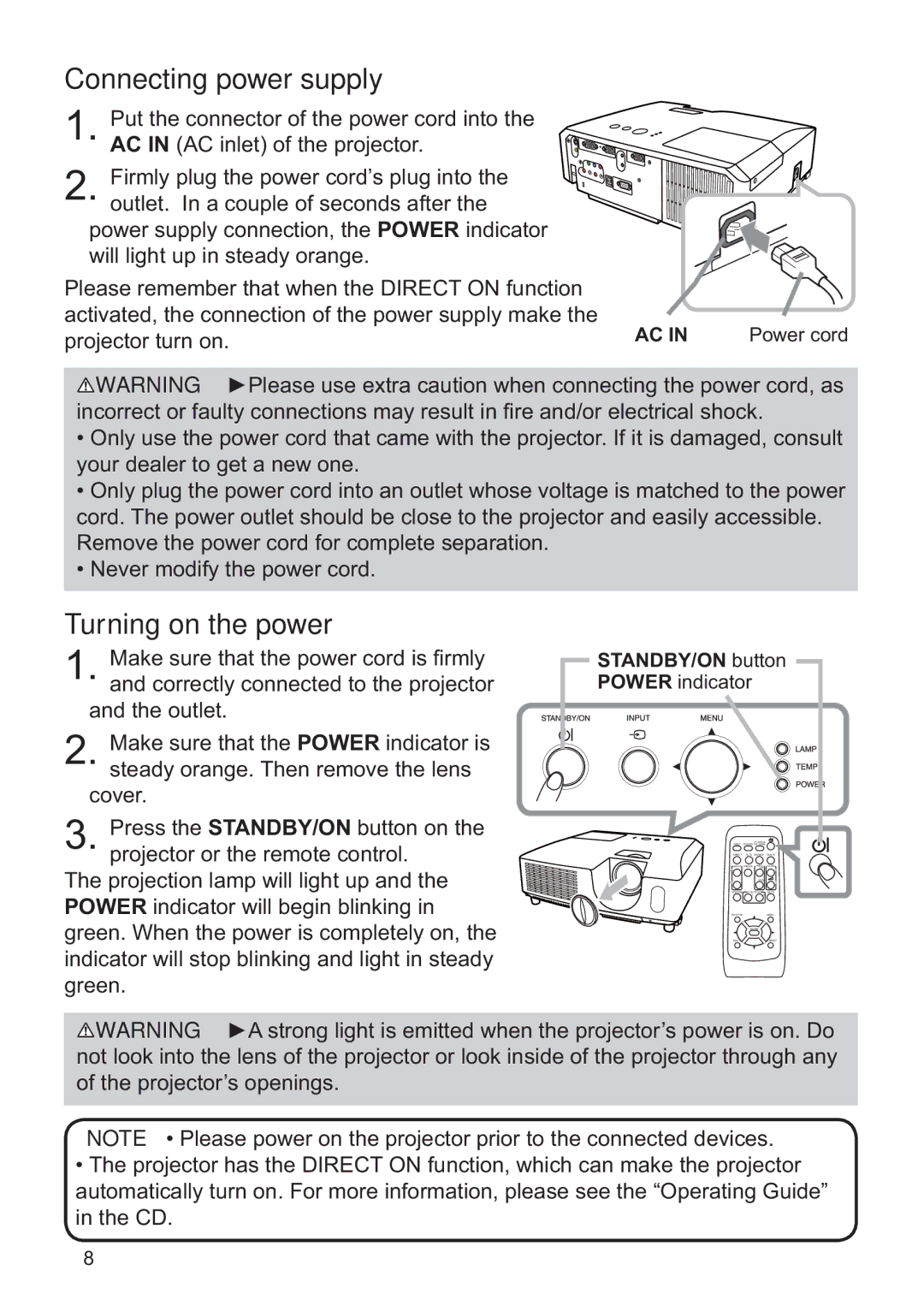 Hitachi ED-X42 user manual Connecting power supply, Turning on the power, STANDBY/ON button Power indicator 