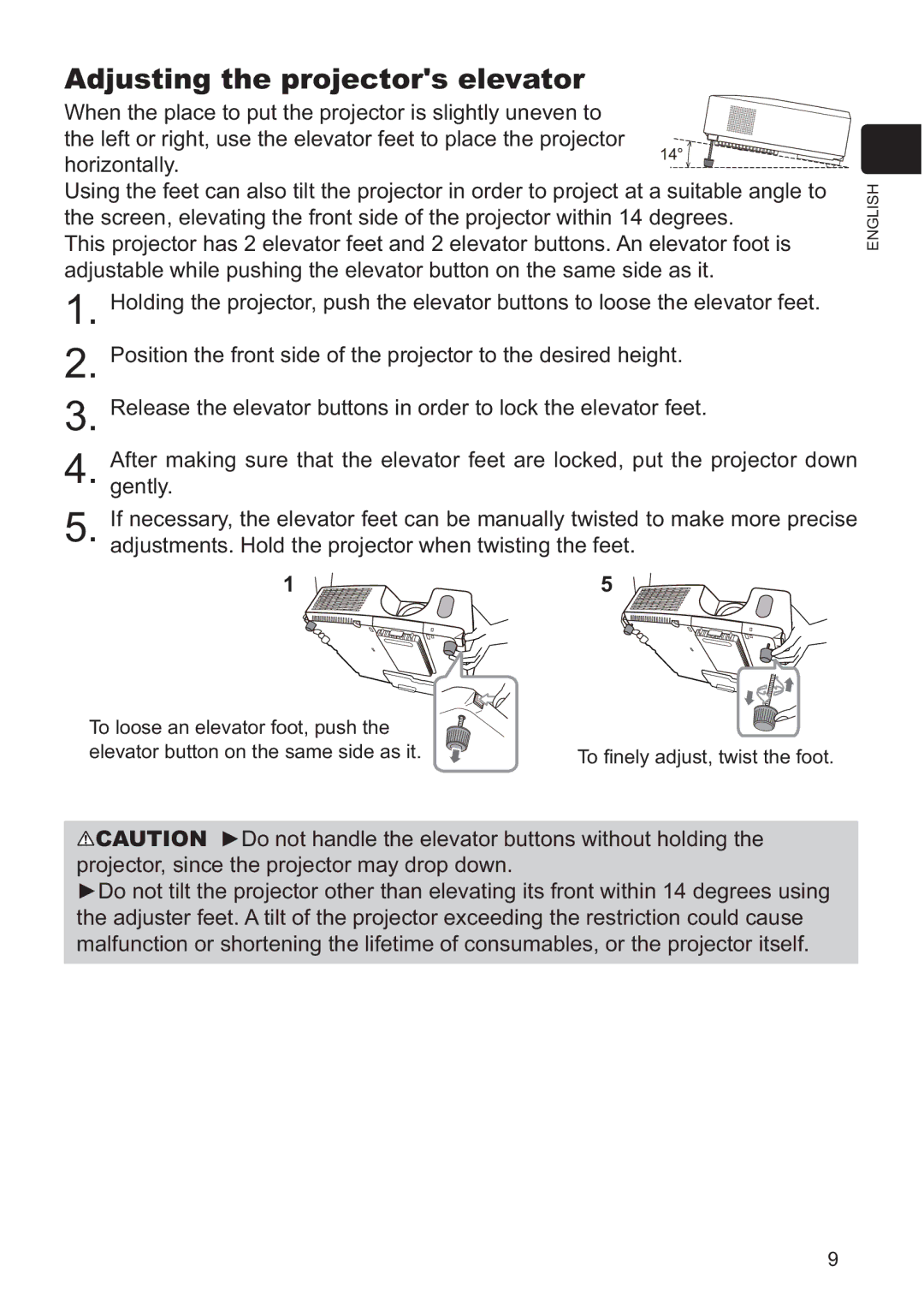 Hitachi ED-X42 user manual Adjusting the projectors elevator 