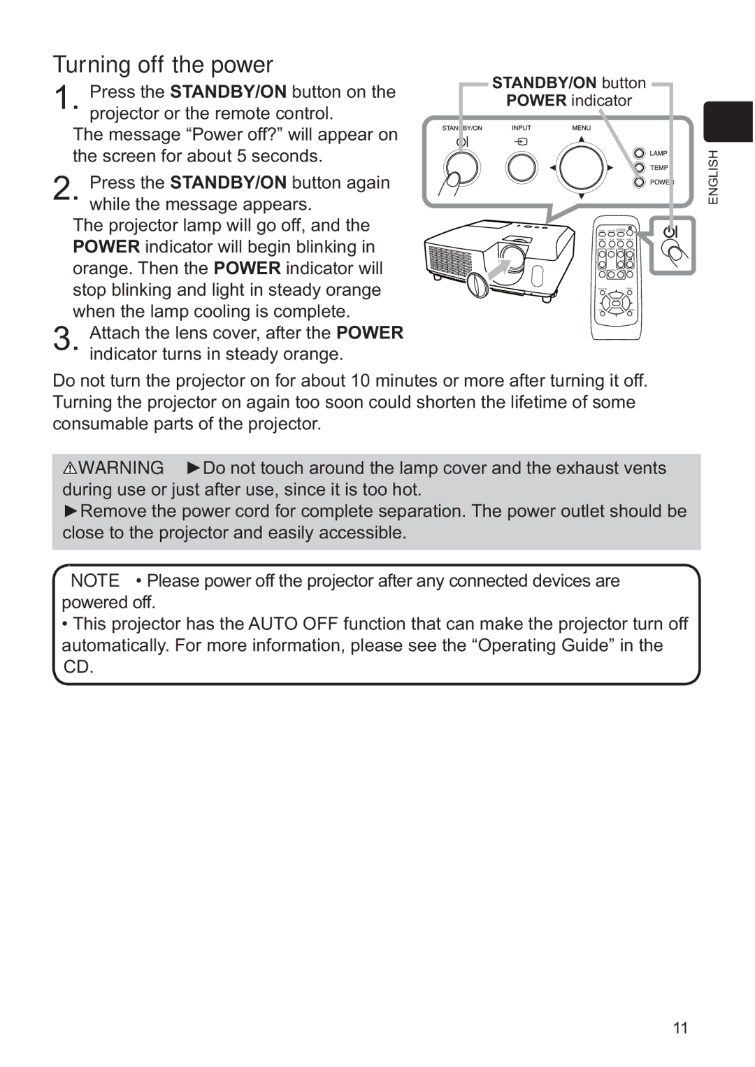 Hitachi ED-X42 user manual Turning off the power, STANDBY/ON button, Power indicator 