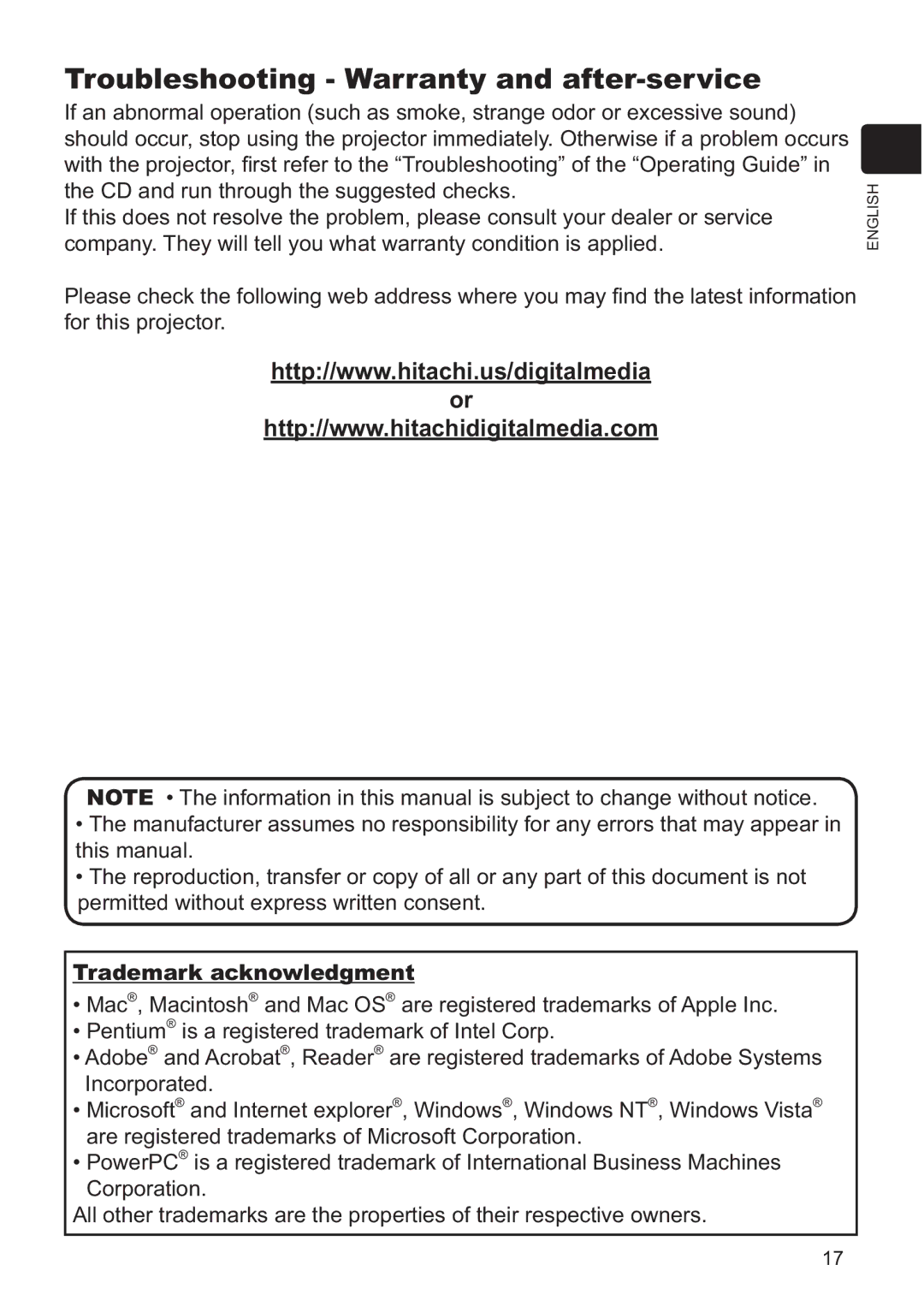 Hitachi ED-X42 user manual Troubleshooting Warranty and after-service, Trademark acknowledgment 