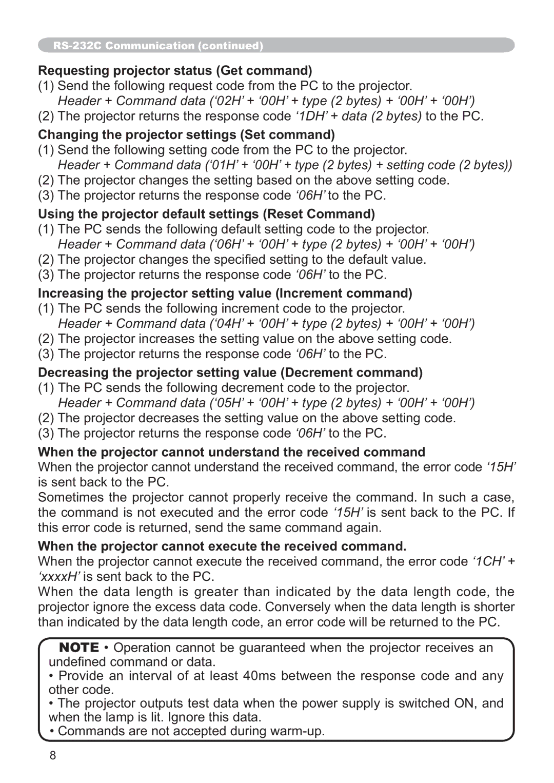 Hitachi ED-X42 user manual Requesting projector status Get command, Changing the projector settings Set command 