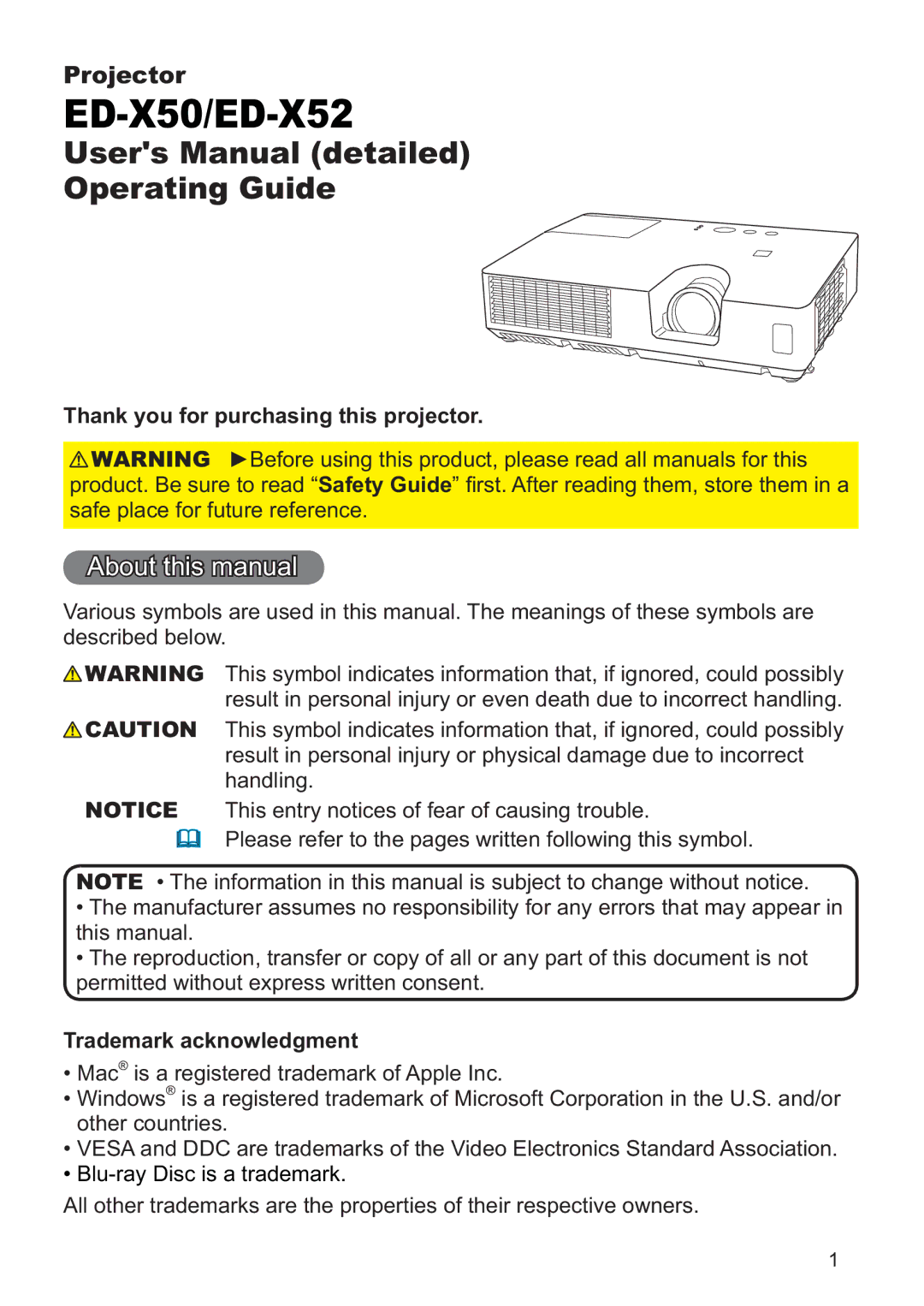 Hitachi ED-X52 user manual About this manual, Thank you for purchasing this projector, Trademark acknowledgment 