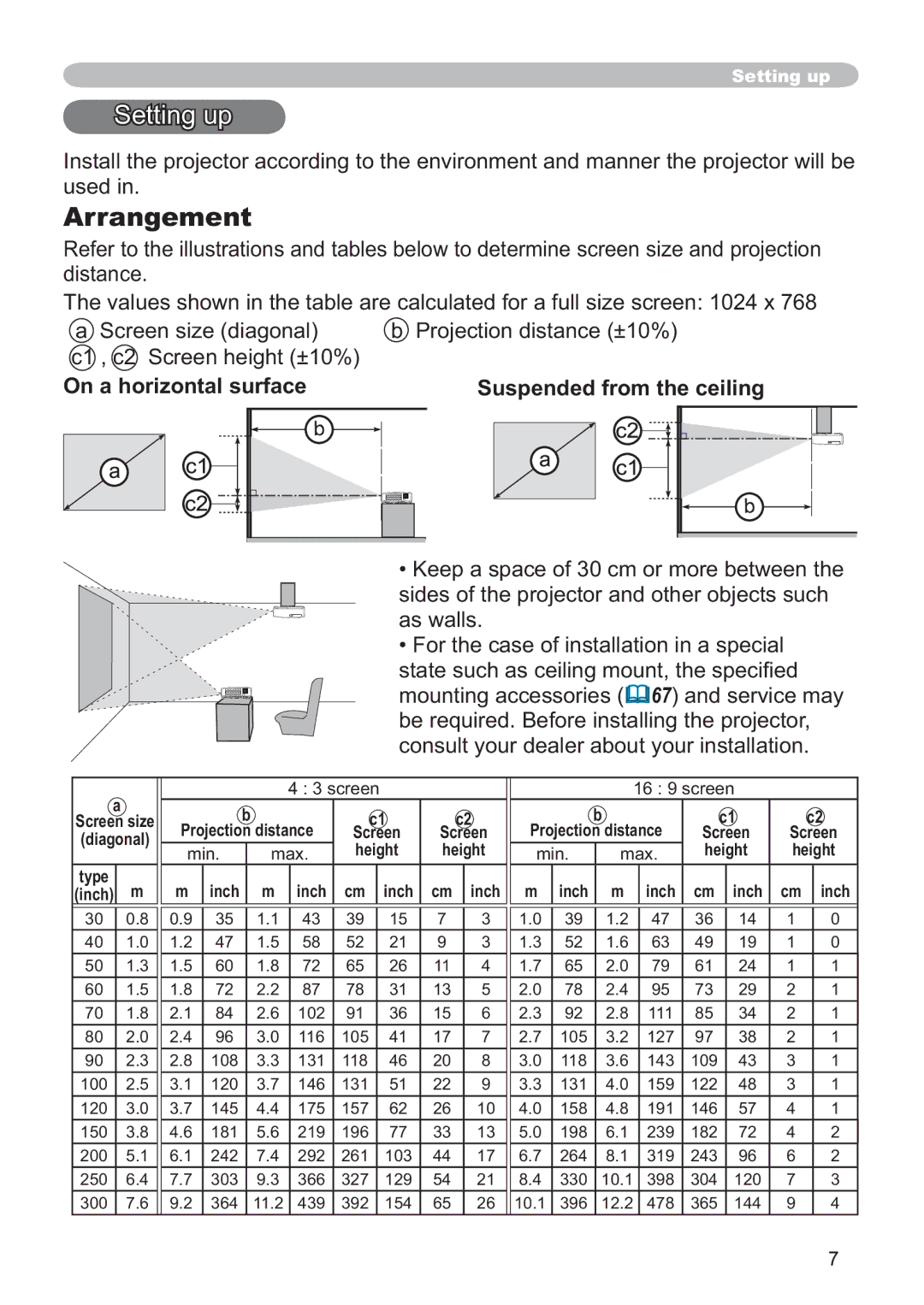 Hitachi ED-X52 user manual Setting up, Arrangement, On a horizontal surface Suspended from the ceiling 