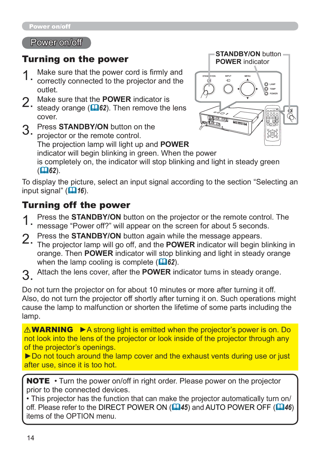 Hitachi ED-X52 user manual Power on/off, Turning on the power, Turning off the power, STANDBY/ON button Power indicator 