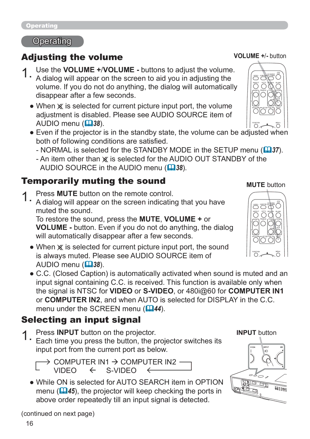 Hitachi ED-X52 user manual Operating, Adjusting the volume, Temporarily muting the sound, Selecting an input signal 