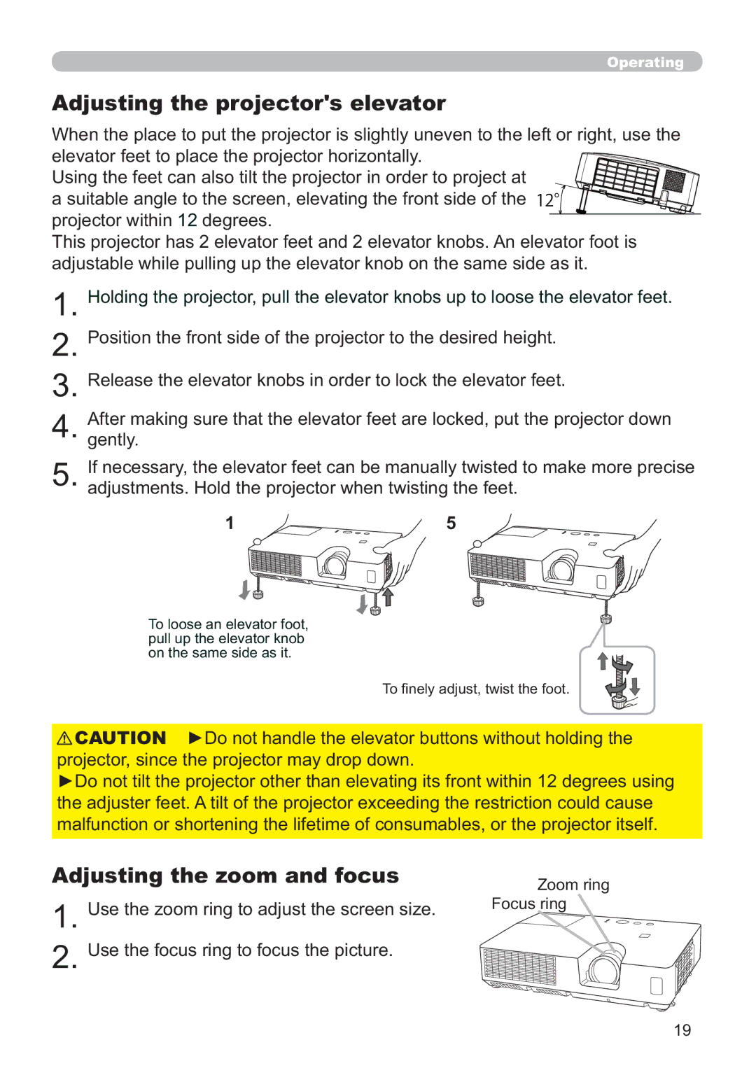 Hitachi ED-X52 user manual Adjusting the projectors elevator, Adjusting the zoom and focus 