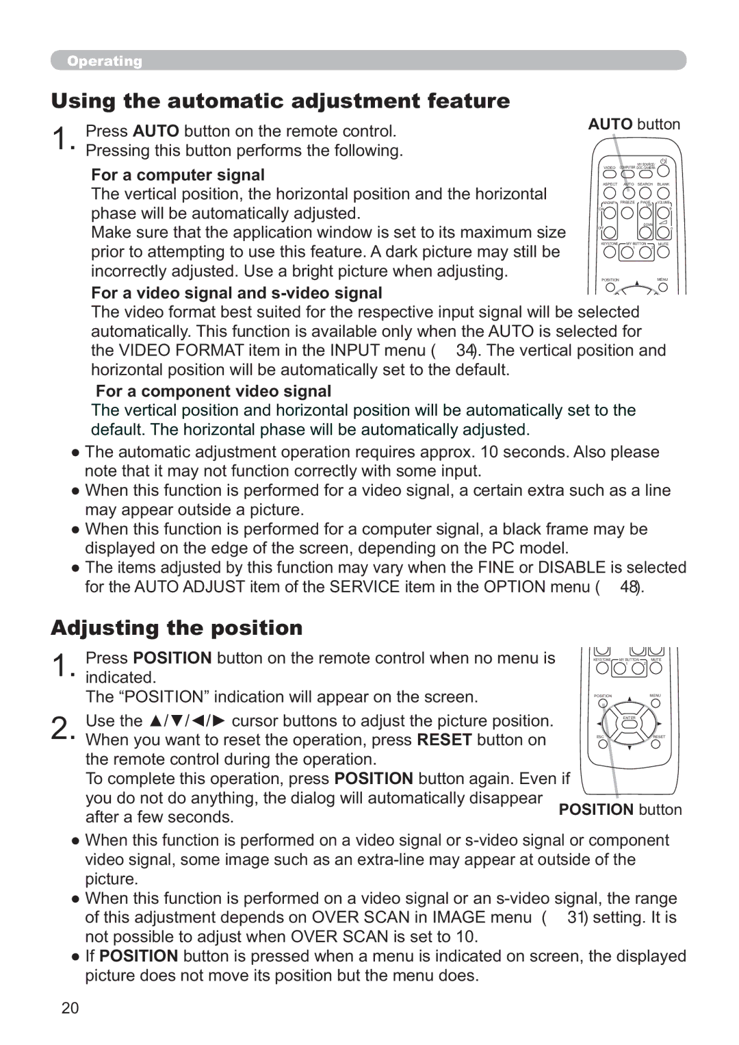 Hitachi ED-X52 Using the automatic adjustment feature, Adjusting the position, € For a computer signal, Position button 