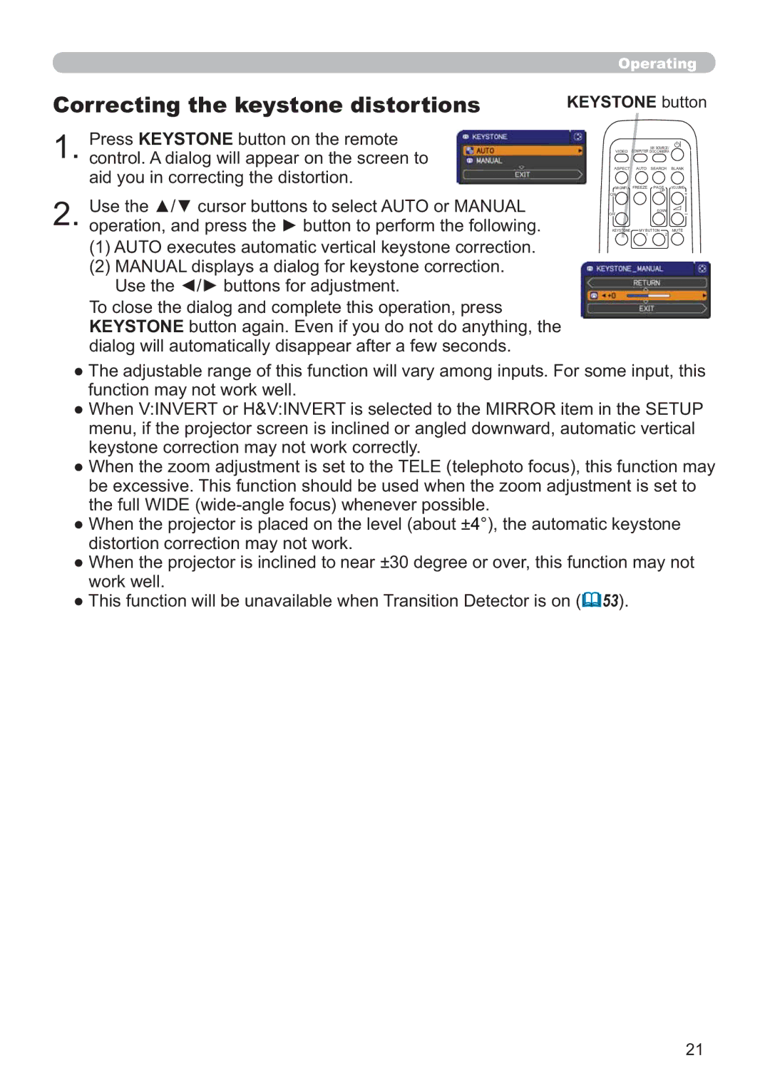 Hitachi ED-X52 user manual Correcting the keystone distortions, Keystone button 