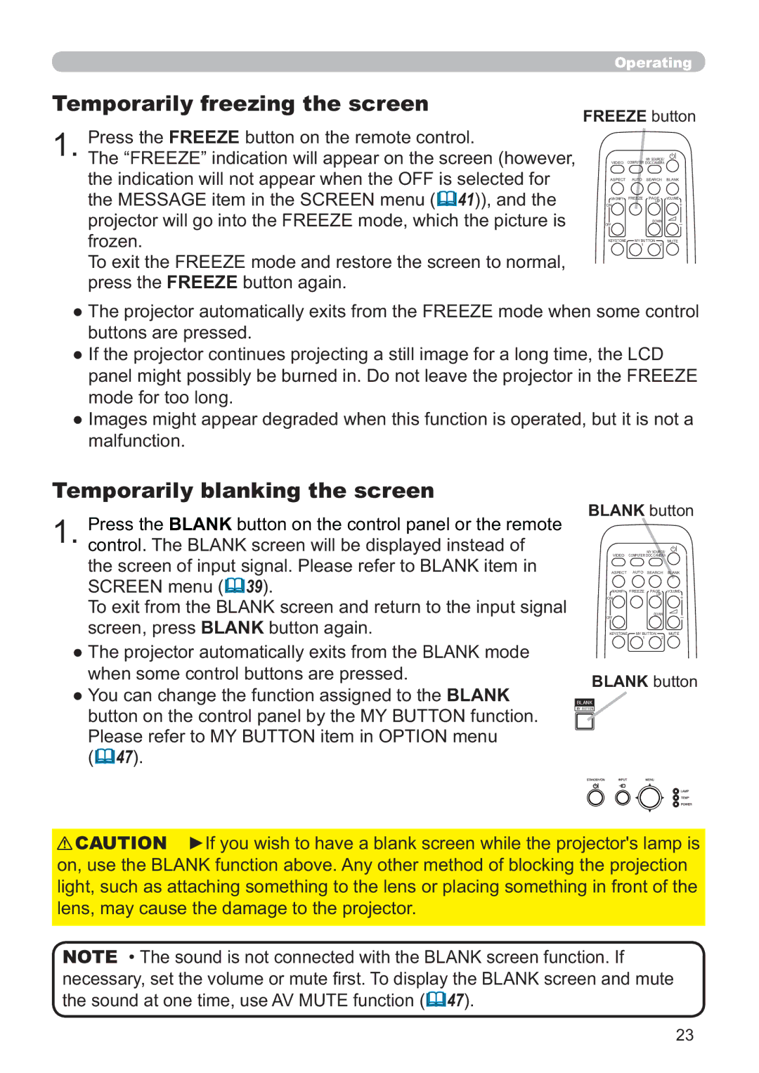 Hitachi ED-X52 user manual Temporarily freezing the screen, Temporarily blanking the screen, Freeze button, Blank button 