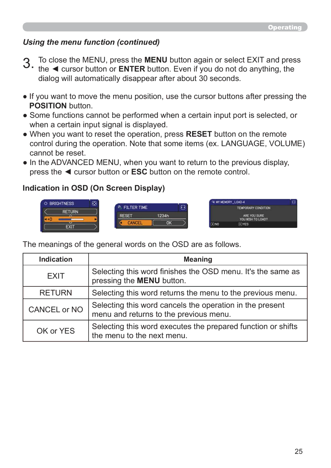 Hitachi ED-X52 user manual Indication in OSD On Screen Display, Indication Meaning 