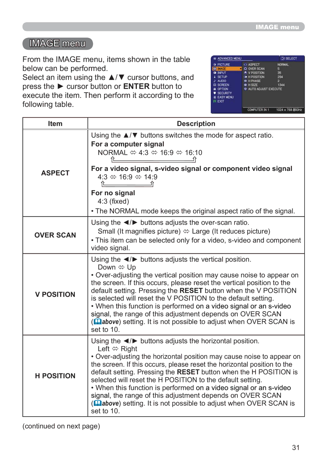 Hitachi ED-X52 user manual Image menu, For a computer signal, For no signal, Over Scan, Position 