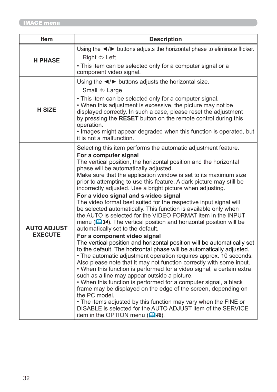 Hitachi ED-X52 user manual Phase, Size, Auto Adjust, Execute 