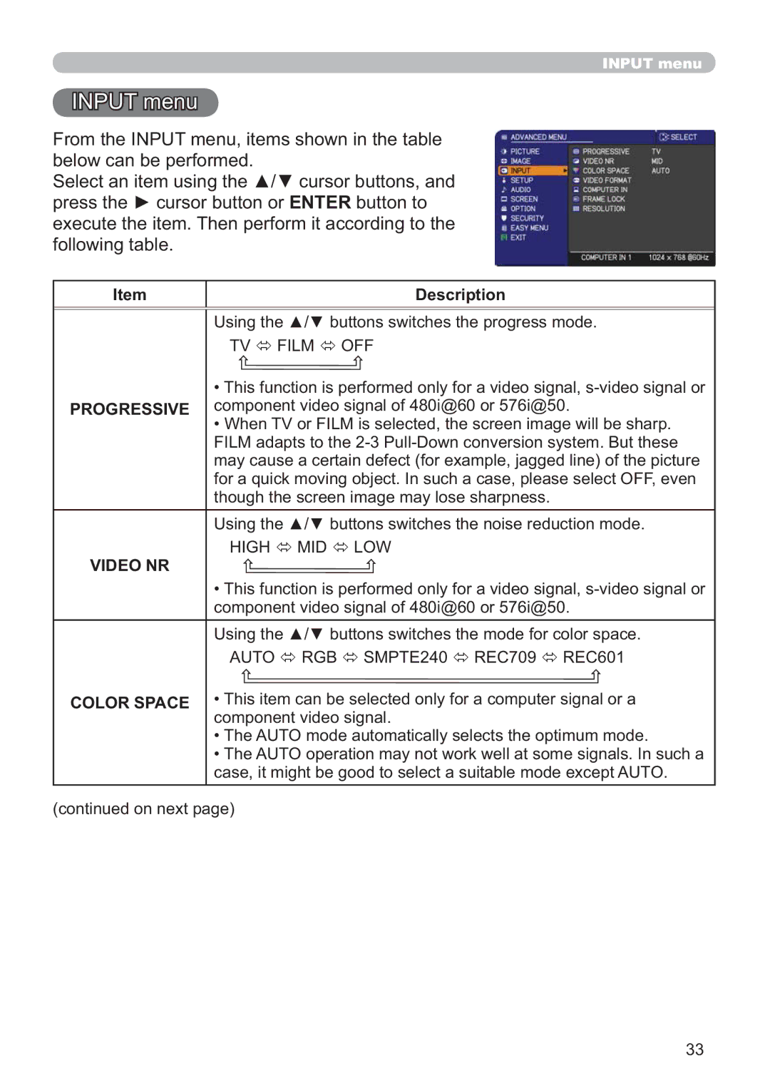 Hitachi ED-X52 user manual Input menu, Video NR 