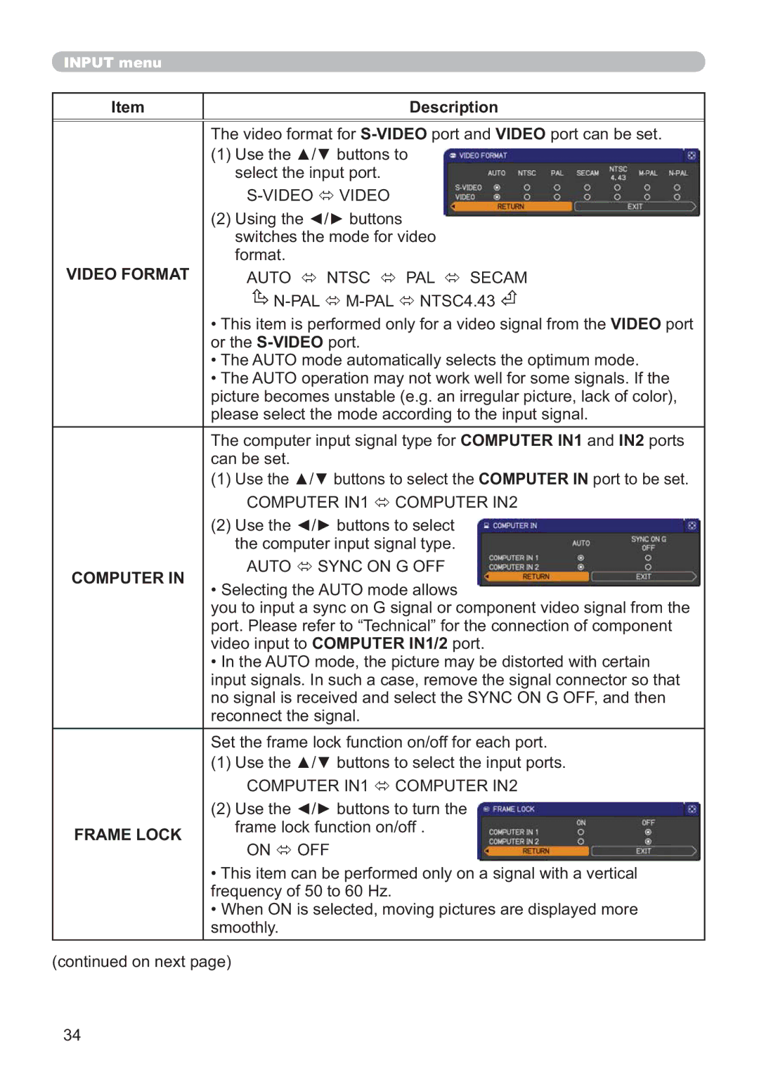 Hitachi ED-X52 user manual Video Format, Computer, Frame Lock 