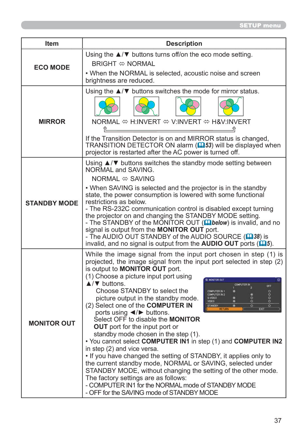 Hitachi ED-X52 user manual Bright Ù Normal, Monitor OUT 