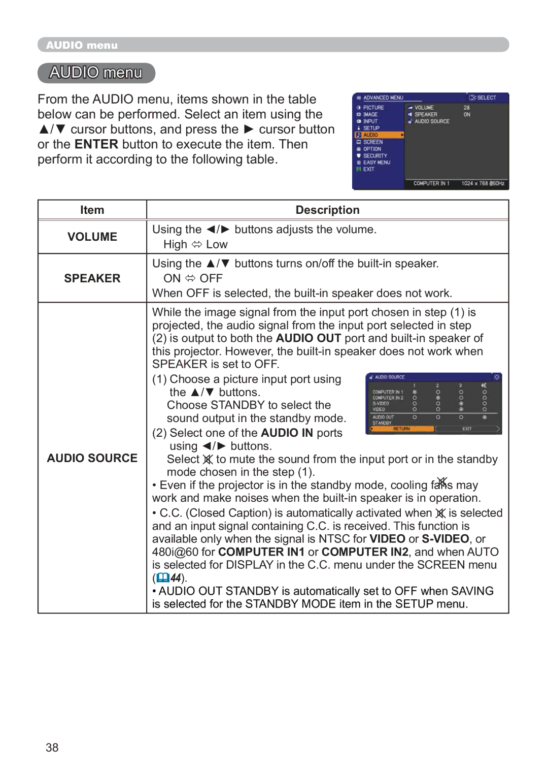 Hitachi ED-X52 user manual Audio menu, Volume, Speaker 