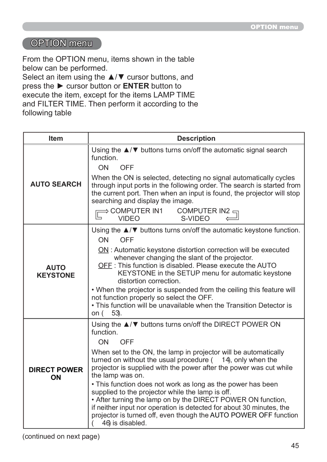 Hitachi ED-X52 user manual Option menu, Auto Search 