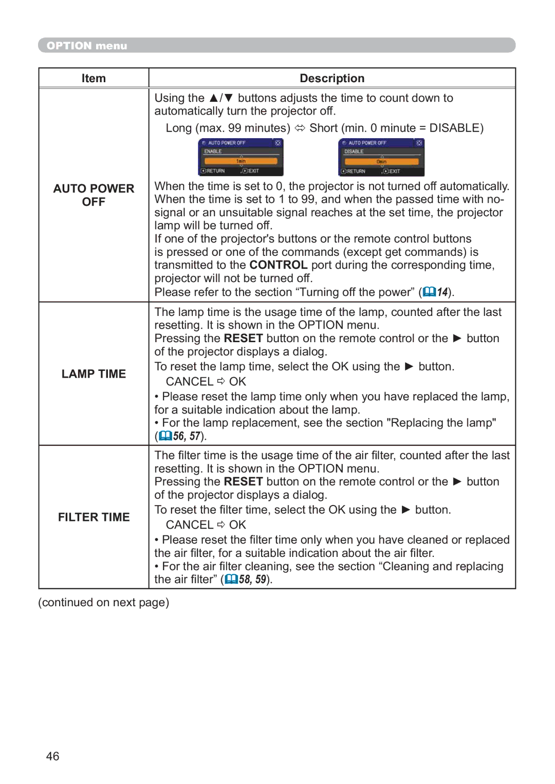 Hitachi ED-X52 user manual Auto Power, Off, Lamp Time 