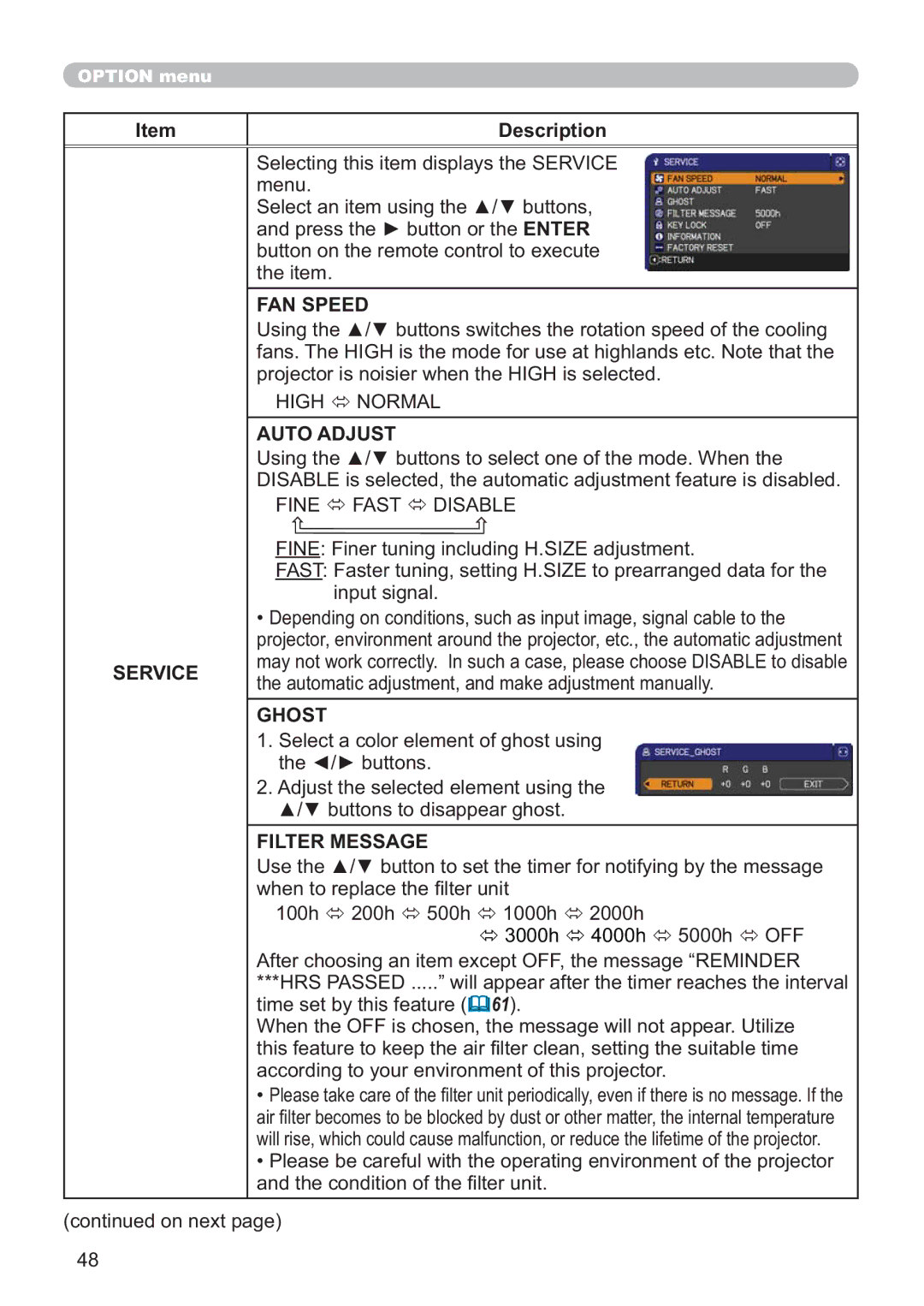 Hitachi ED-X52 user manual Service, FAN Speed, Ghost, Filter Message 