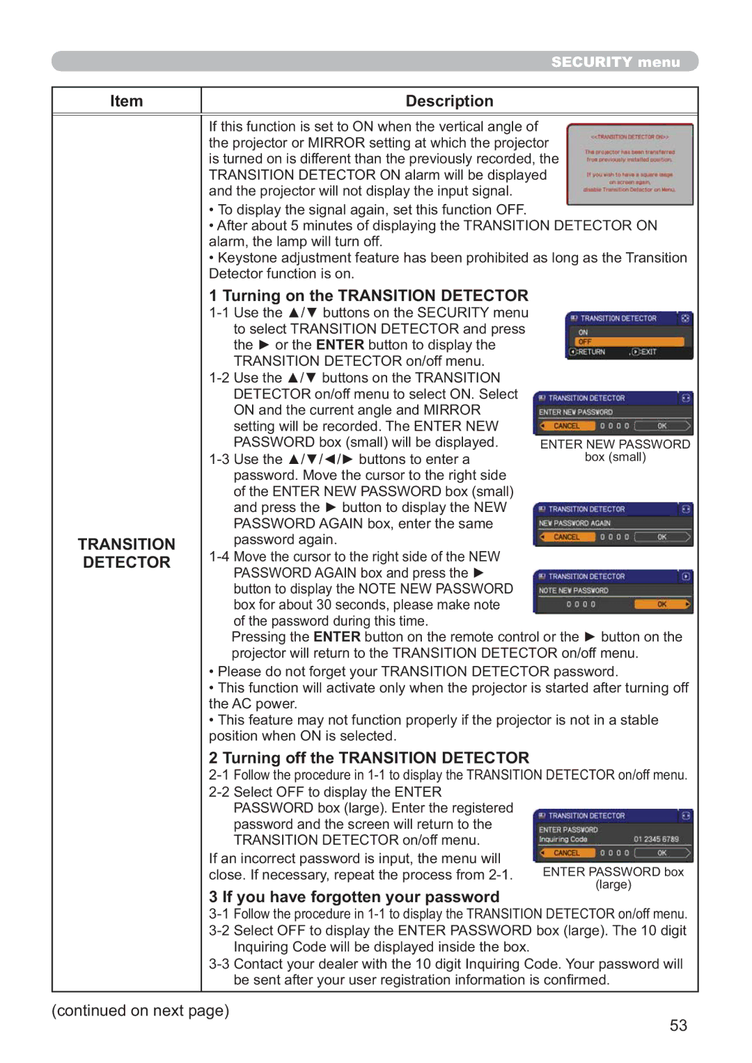 Hitachi ED-X52 user manual Turning on the Transition Detector, Turning off the Transition Detector 