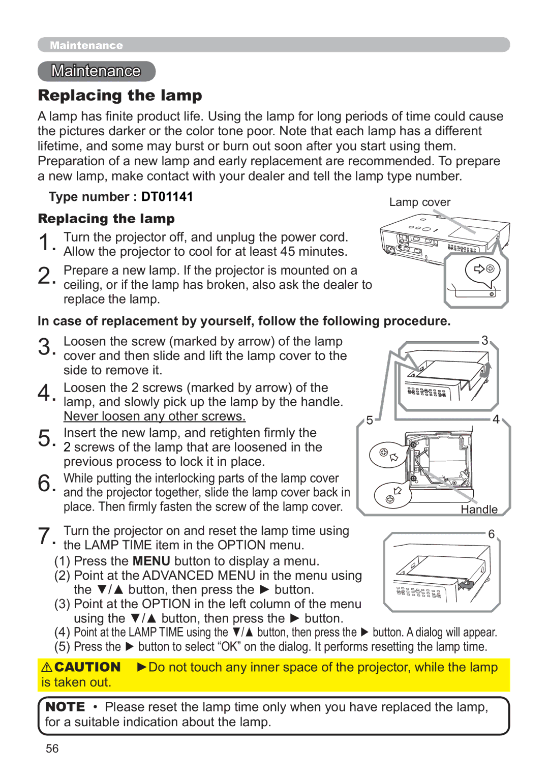 Hitachi ED-X52 user manual Maintenance, Replacing the lamp, Type number DT01141 