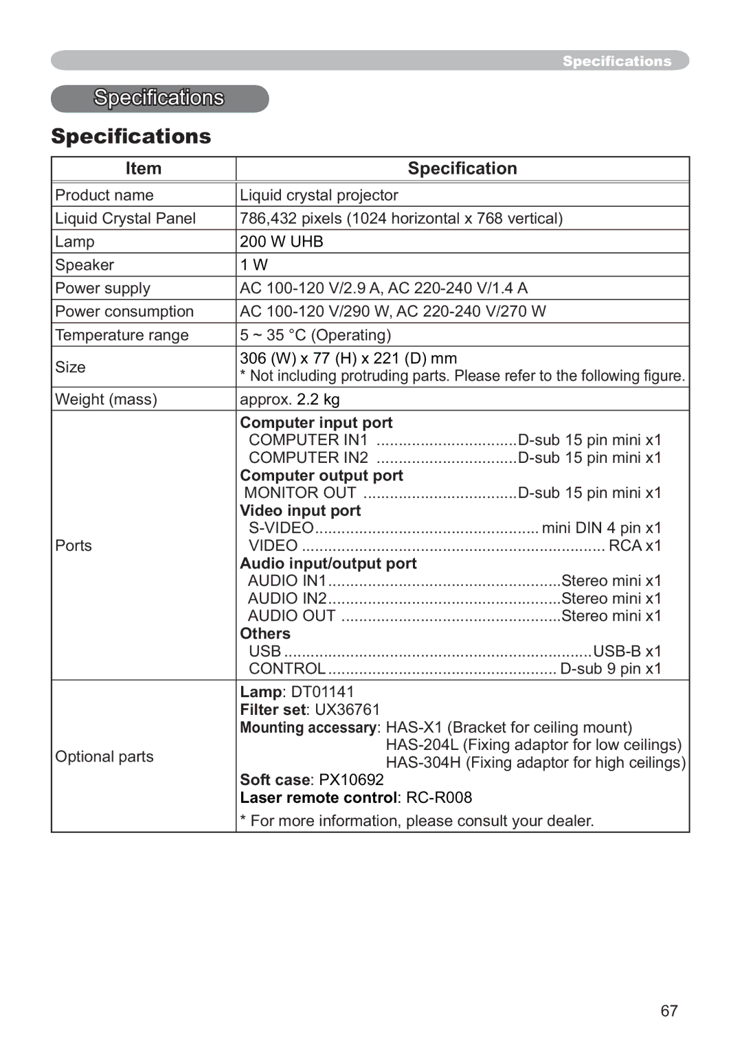 Hitachi ED-X52 user manual Speciﬁcations 