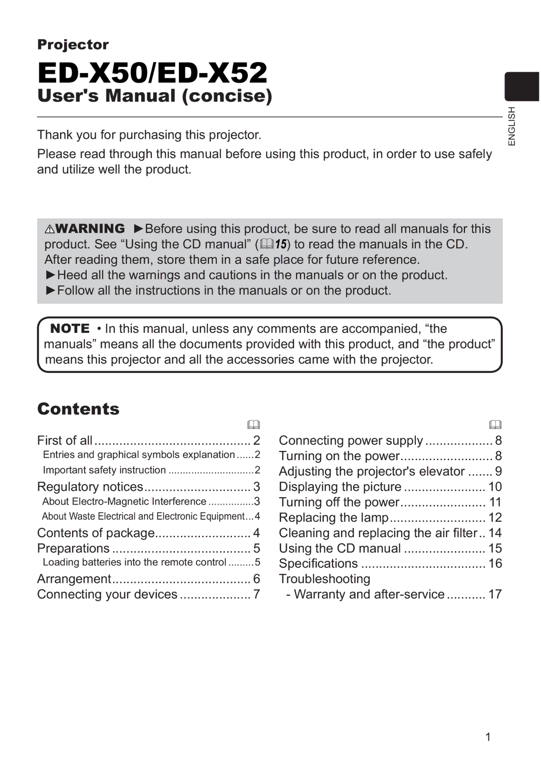 Hitachi user manual ED-X50/ED-X52, Contents 