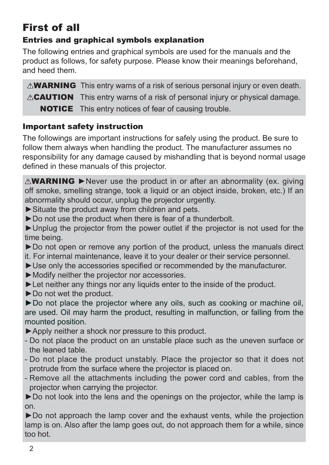 Hitachi ED-X52 user manual First of all, Entries and graphical symbols explanation, Important safety instruction 