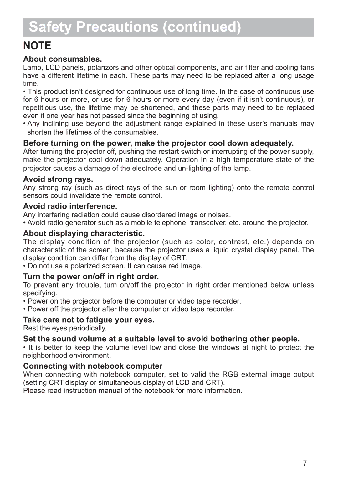 Hitachi ED-X52 user manual About consumables, Avoid strong rays, Avoid radio interference, About displaying characteristic 