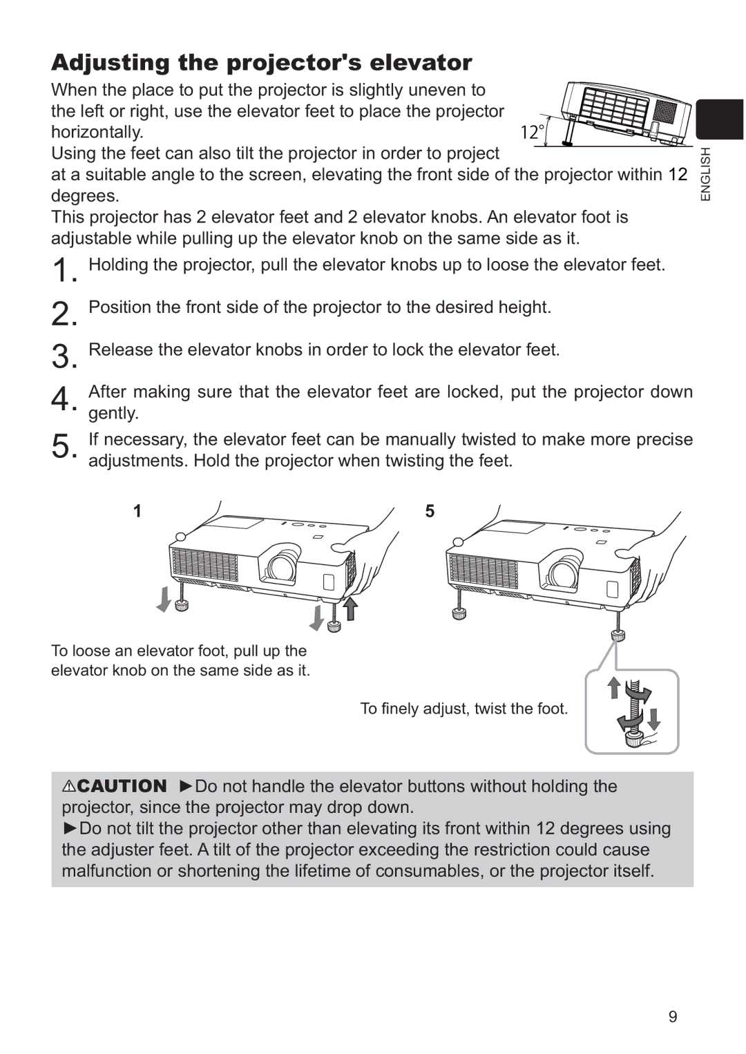 Hitachi ED-X52 user manual Adjusting the projectors elevator 