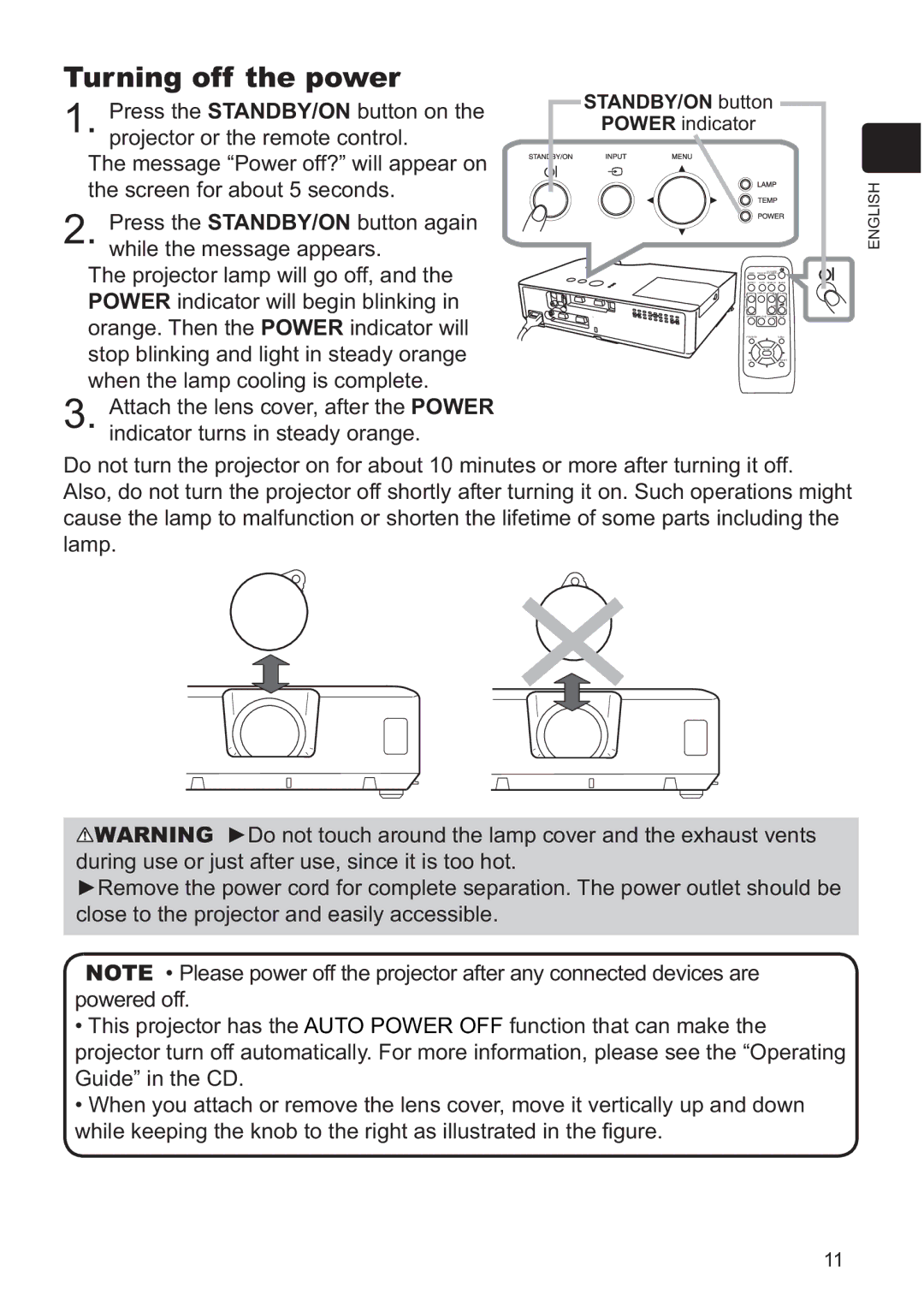 Hitachi ED-X52 user manual Turning off the power, STANDBY/ON button 