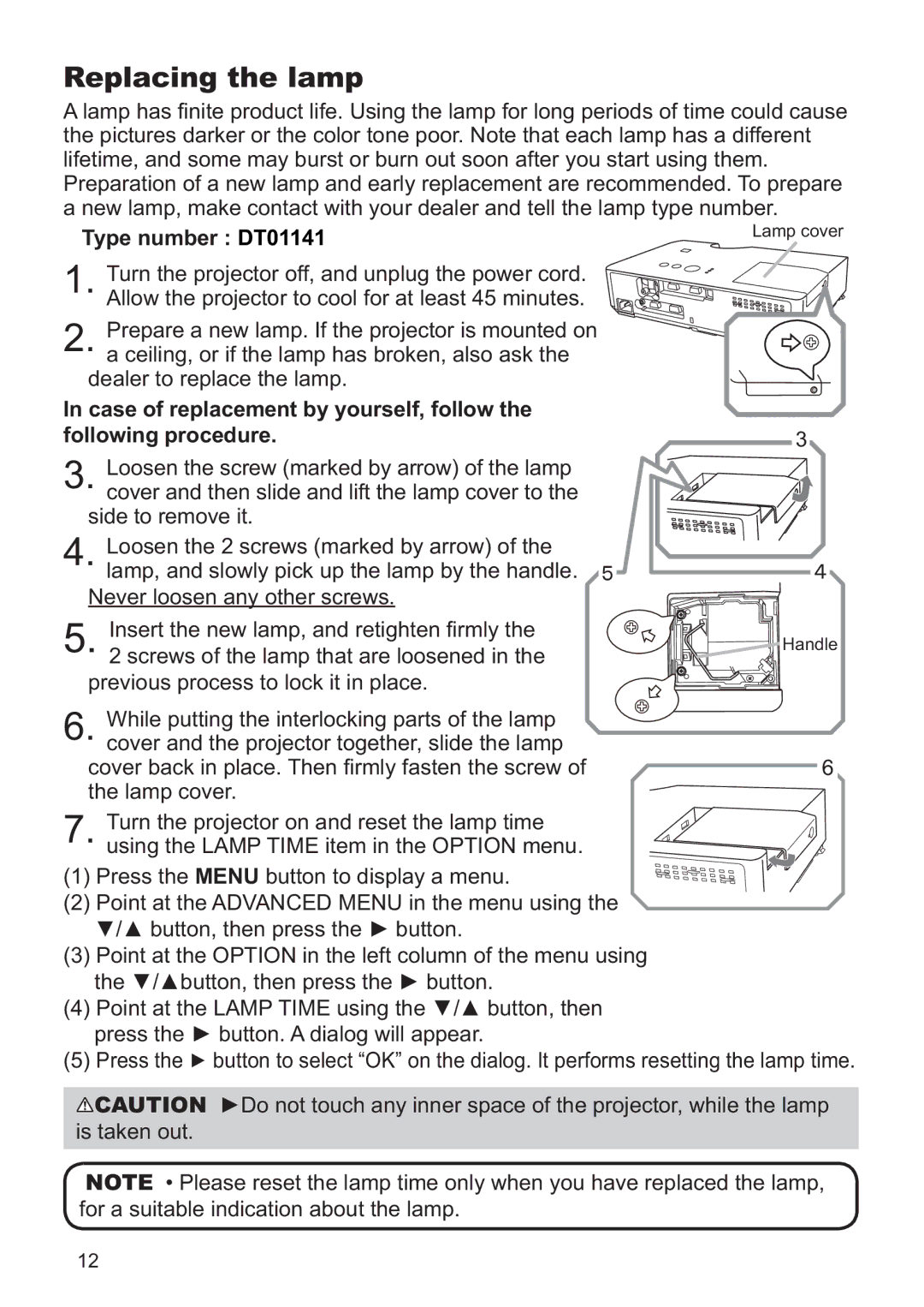 Hitachi ED-X52 user manual Replacing the lamp, Type number DT01141 