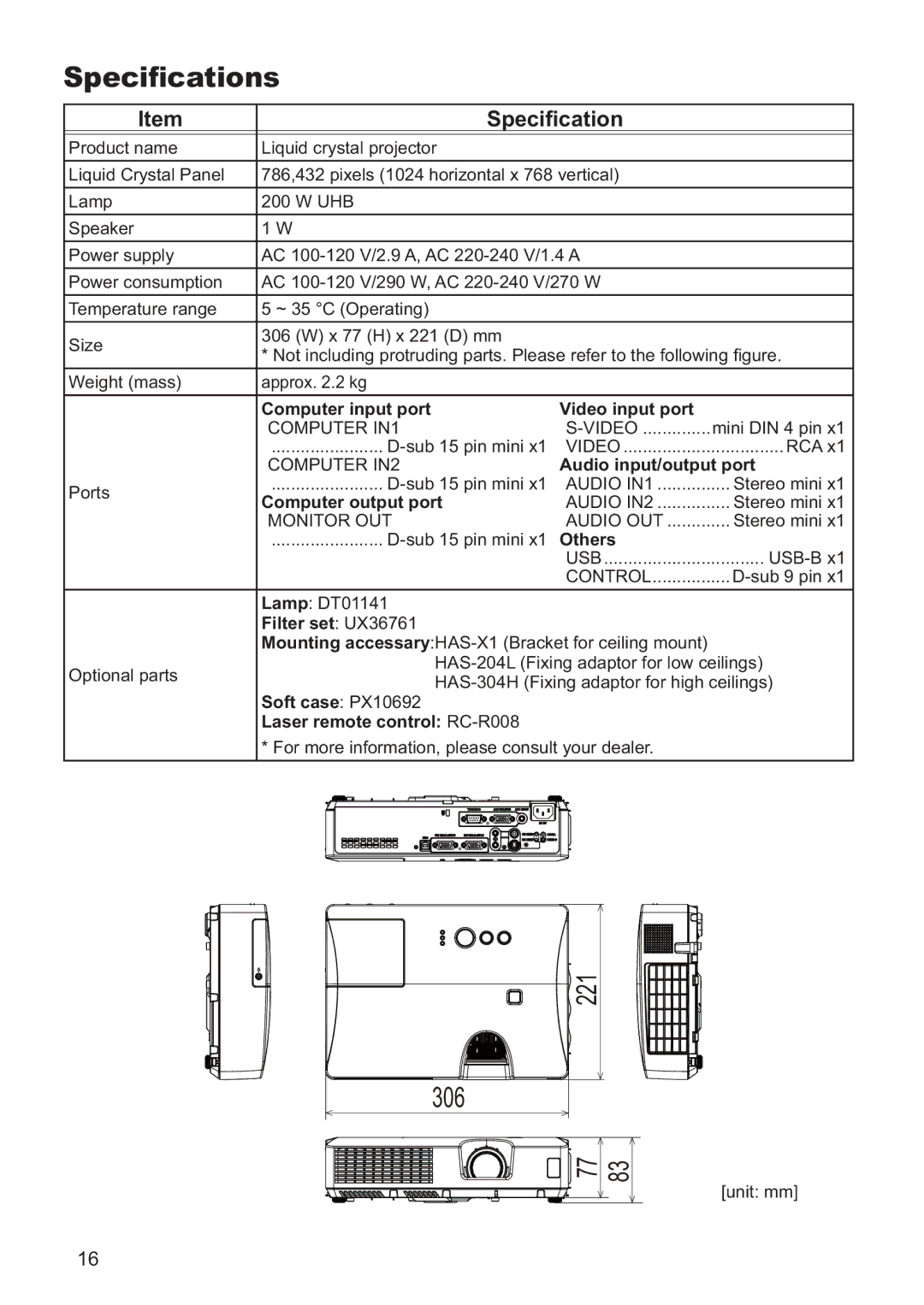 Hitachi ED-X52 user manual Speciﬁcations, Filter set UX36761 