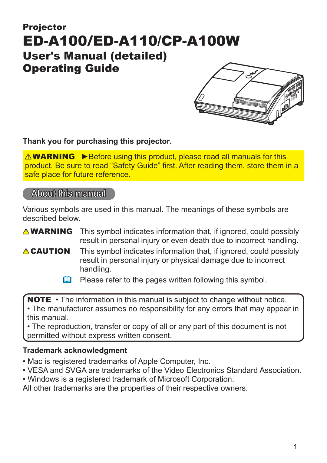 Hitachi CP-A100W, EDA100 user manual Thank you for purchasing this projector, Trademark acknowledgment 