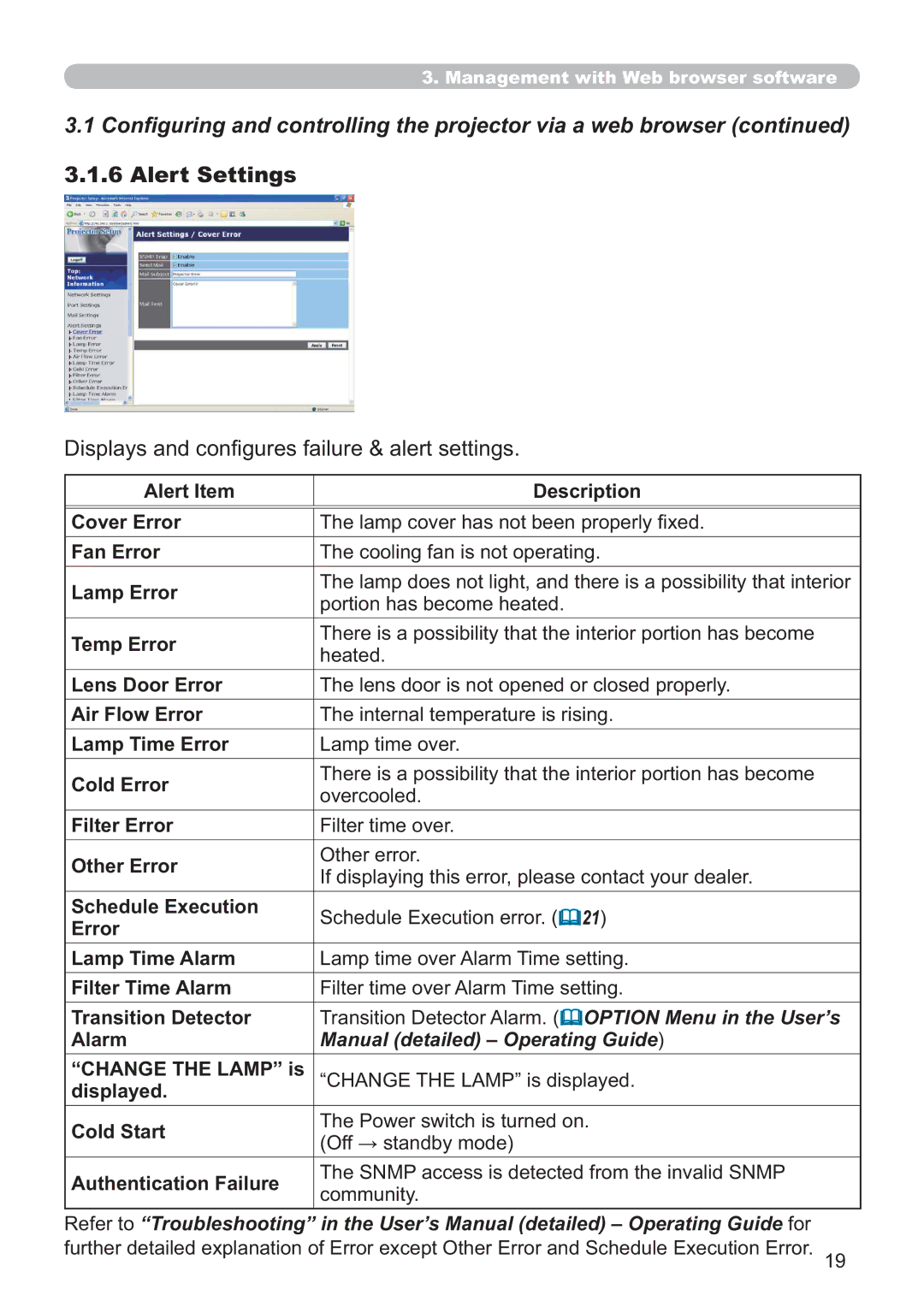 Hitachi CP-A100W, EDA100 user manual Alert Settings 